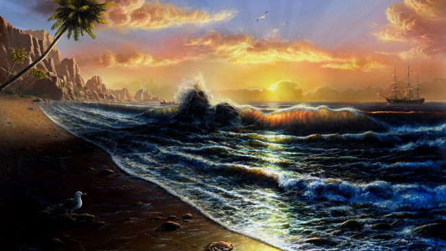 Обои картинки фото рисованное, природа, небо, солнце, волны, море