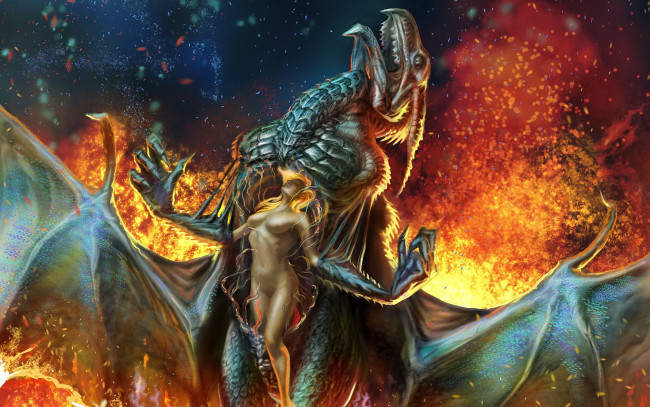 Обои картинки фото фэнтези, красавицы и чудовища, утроба, пламя, дракон, девушка