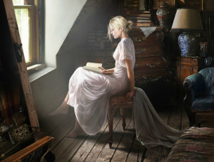 Картинка рисованное люди девушка сидит профиль читает книга комната окно