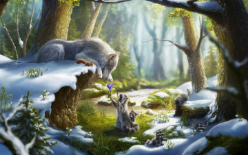 обоя рисованное, животные, волк, белка, снег, лес, подснежники, еноты