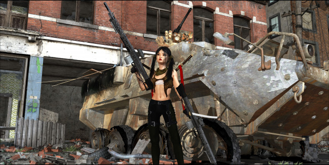 Обои картинки фото 3д графика, фантазия , fantasy, взгляд, девушка, фон, оружие