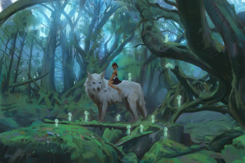 обоя аниме, mononoke hime, лес, существа, волк, принцессы