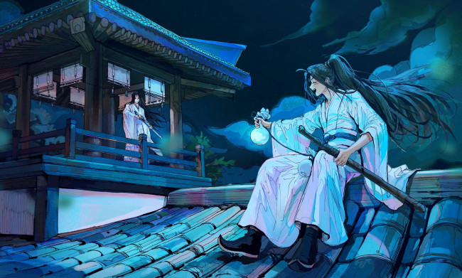 Обои картинки фото аниме, mo dao zu shi, лань, ванцзы, вэй, усянь, мечи, кувшин, крыша