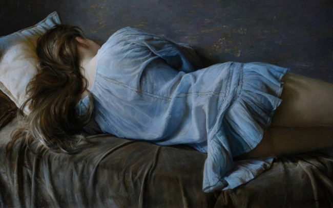Обои картинки фото serge marshennikov-women sleeping, рисованное, живопись, девушка, кровать, платье, сон