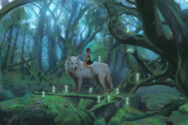 Обои картинки фото аниме, mononoke hime, лес, существа, волк, принцессы