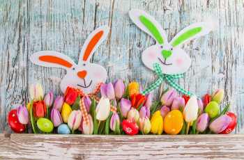 Картинка праздничные пасха кролики яйца тюльпаны
