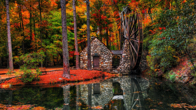 Обои картинки фото разное, мельницы, осень, мельница, пруд, отражение