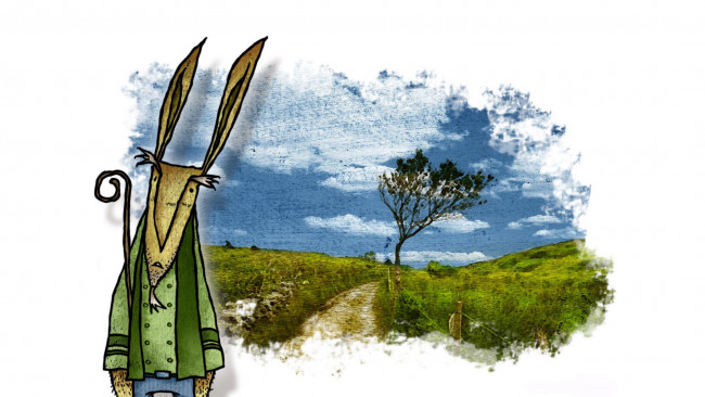 Обои картинки фото 295398, рисованное, животные, поле, дерево, заяц