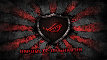 обоя компьютеры, asus, red, brand, sunburst, republic, of, gamers, logo, gamer, rog, grey, background