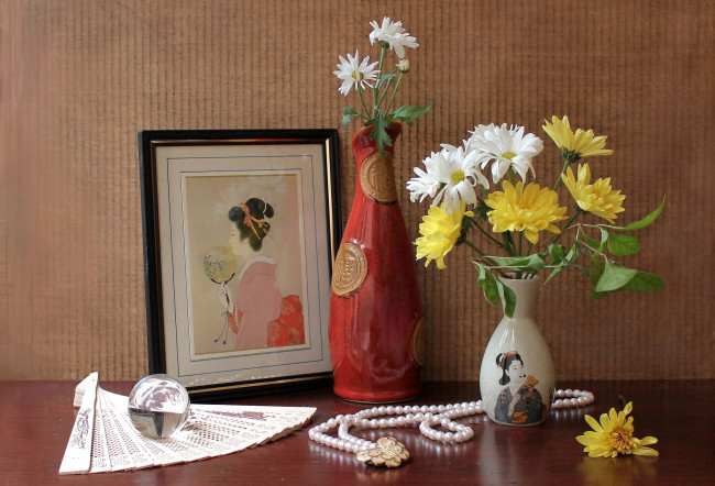 Обои картинки фото цветы, хризантемы, ваза, картина