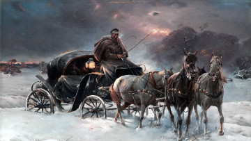 Картинка рисованное живопись пейзаж небо тучи снег лошади буран