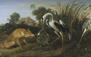 Картинка рисованное животные журавль живопись золотой век сказка лиса