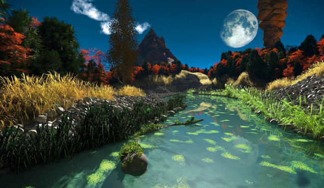Обои картинки фото 3д графика, природа , nature, горы, облака, камни, луна, река