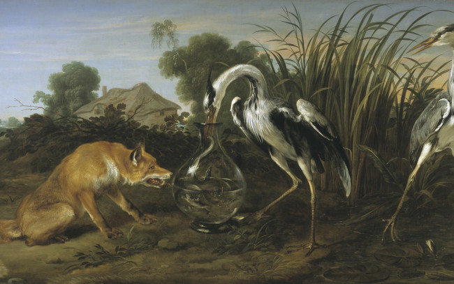 Обои картинки фото рисованное, животные, журавль, живопись, золотой, век, сказка, лиса