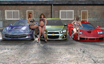 Картинка 3д+графика люди-авто мото+ people-+car+ +moto девушки взгляд автомобили фон