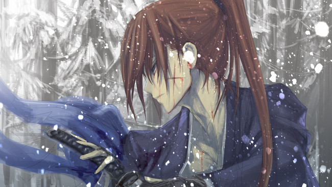 Обои картинки фото аниме, rurouni kenshin, лес, снег, himura, самурай, kenshin, мужчина, меч