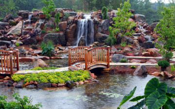 Картинка природа парк мостик водопад водоем
