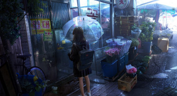 Картинка рисованное дети девочка зонт дождь витрина цветы