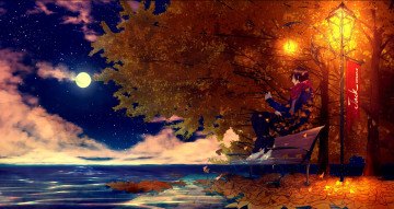 Картинка аниме *unknown+ другое арт tamagosho jack nico singer парень ночь луна дерево скамейка лавочка фонарь вода