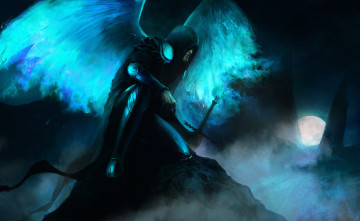 Картинка фэнтези ангелы арт mazert young парень меч крылья камень скалы луна туман