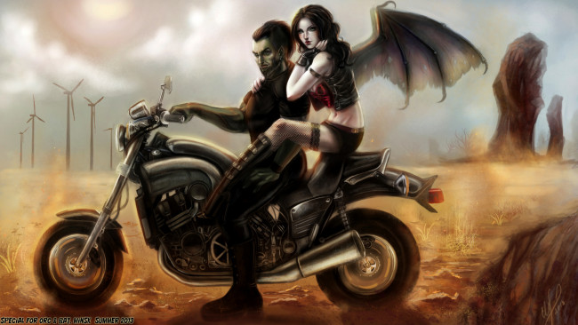 Обои картинки фото фэнтези, демоны, арт, мотоцикл, орк, парень, девушка, крылья, чулки, пустыня