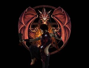 Картинка 3д+графика фантазия+ fantasy фон взгляд девушка дракон оружие