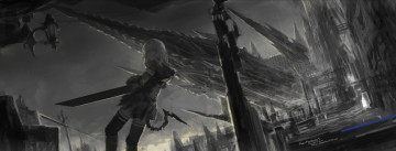 Картинка аниме pixiv+fantasia pixiv fantasia mivit арт девушка руины меч серость