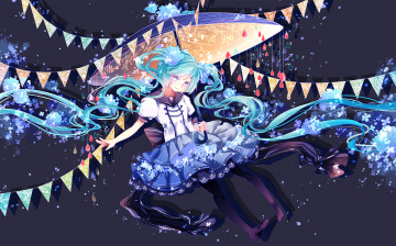 Картинка аниме vocaloid hatsune miku флажки девушка арт зонт цветы капли украшения shuuumatsu