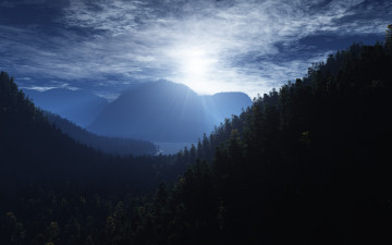 Картинка 3д+графика природа+ nature лес горы лучи облака озеро