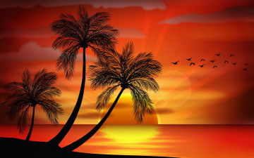 Картинка векторная+графика природа+ nature пальмы закат остров море palms island tropical sea paradise sunset тропики силуэт
