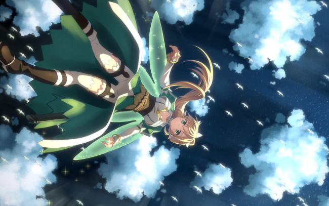 Обои картинки фото аниме, sword art online, облака, небо, эльф, девушка, yuuki, tatsuya, leafa, sword, art, online