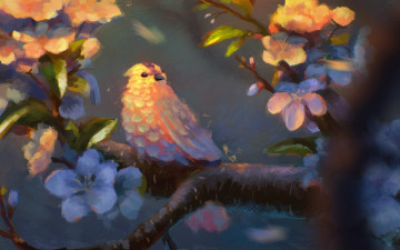 Картинка рисованное животные цветы ветка птица дерево листья птичка