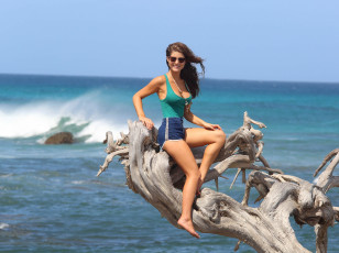Картинка amanda+cerny девушки побережье старое дерево брюнетка море шорты