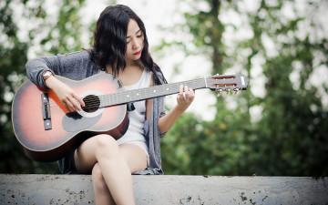 обоя музыка, -другое, девушка, гитара, азиатка