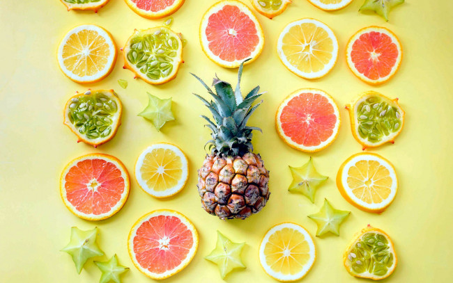 Обои картинки фото еда, фрукты,  ягоды, карамбола, ананас, апельсин