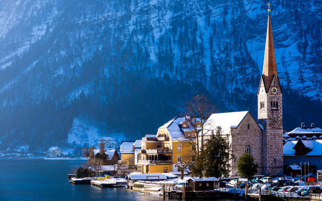 Обои картинки фото города, гальштат , австрия, озеро, горы, зима