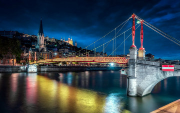 Картинка города лион+ франция мост огни вечер