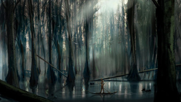 Картинка фэнтези люди человек лодка озеро лес птицы