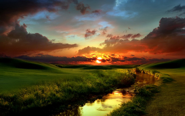 Обои картинки фото природа, реки, озера, река, луга, закат, облака, небо