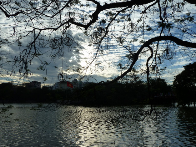 Обои картинки фото природа, реки, озера, река, сумерки, Япония, фонарики, деревья