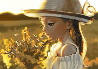 Картинка рисованные дети поле девушка цветы букет шляпа