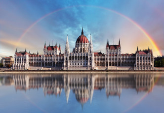 обоя города, будапешт , венгрия, купол, замок, парламент, пейзаж, радуга, вода, небо