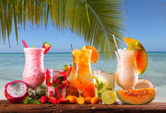Картинка еда напитки +коктейль коктейль пальма море цитрусы ягоды океан мята трубочка