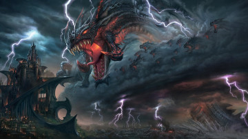 Картинка фэнтези драконы туча молнии город замок крепость ярость атака