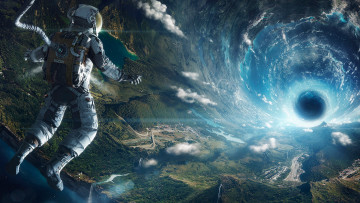 Картинка фэнтези фотоарт будущее астронавт высота планета земля