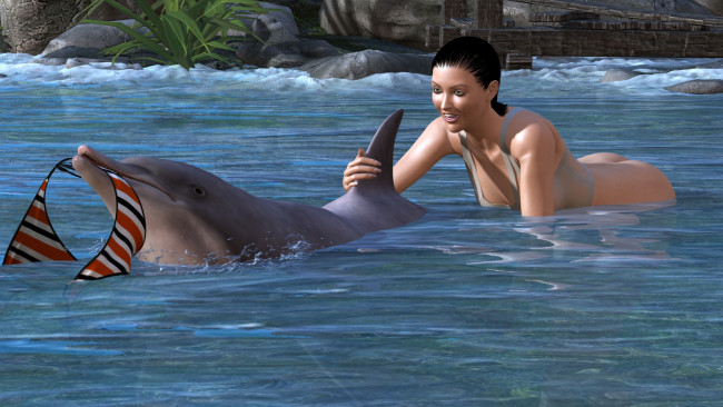 Обои картинки фото 3д графика, люди , people, дельфин, море, девушка