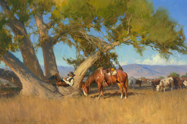 Обои картинки фото рисованные, живопись, отдых, горы, сон, ковбой, лошадь, коровы, дерево, небо, пейзаж, anton, bill