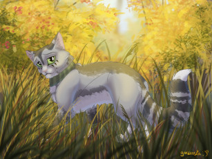 Картинка рисованное животные +коты деревья трава осень