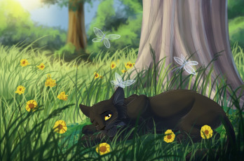 Картинка рисованное животные +коты кот взгляд фон луг цветы