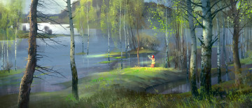 Картинка рисованное живопись русь пейзаж река девочка лес деревья